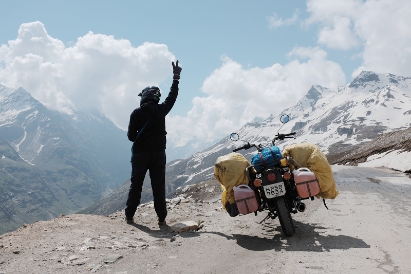 leh, ladakh, rohtang pass, snow capped, royal enfield, india, motorcycle
