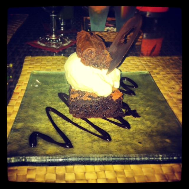 Belgian Chocolate Double Brownie Stack with Vanilla ice, three monkeys cafe, ubud, travel, bali, 